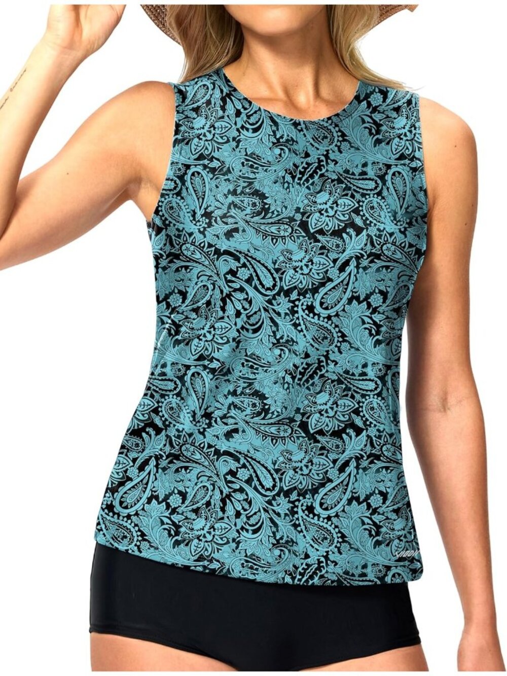 Women's Green High Neck Tanking Tops Modest Swim Shirts with Bra Bathing Suit